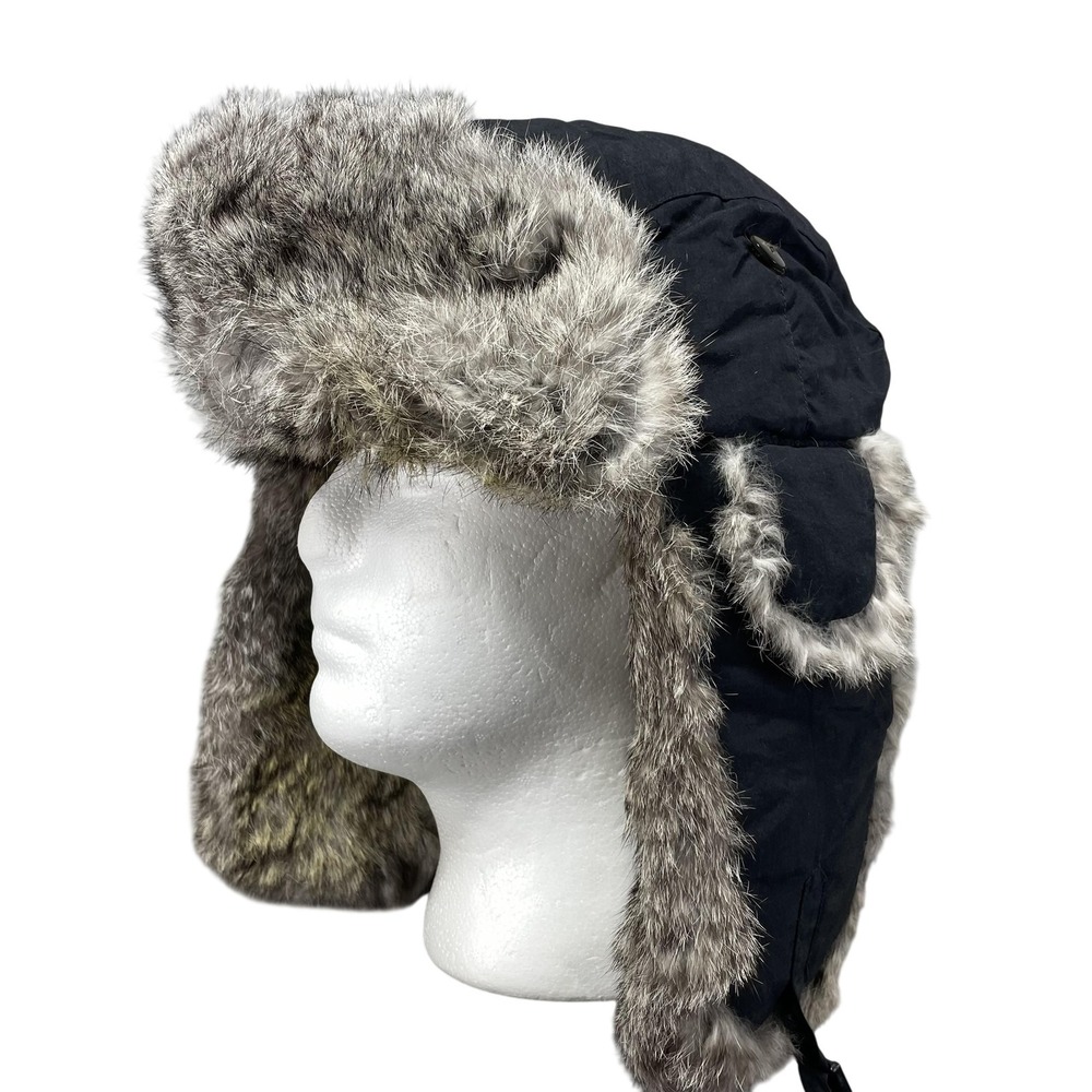 Mad Bomber Hat Trapper Mens L Gray Rabbit Fur Lined Ear Flap Winter‎ Outdoor